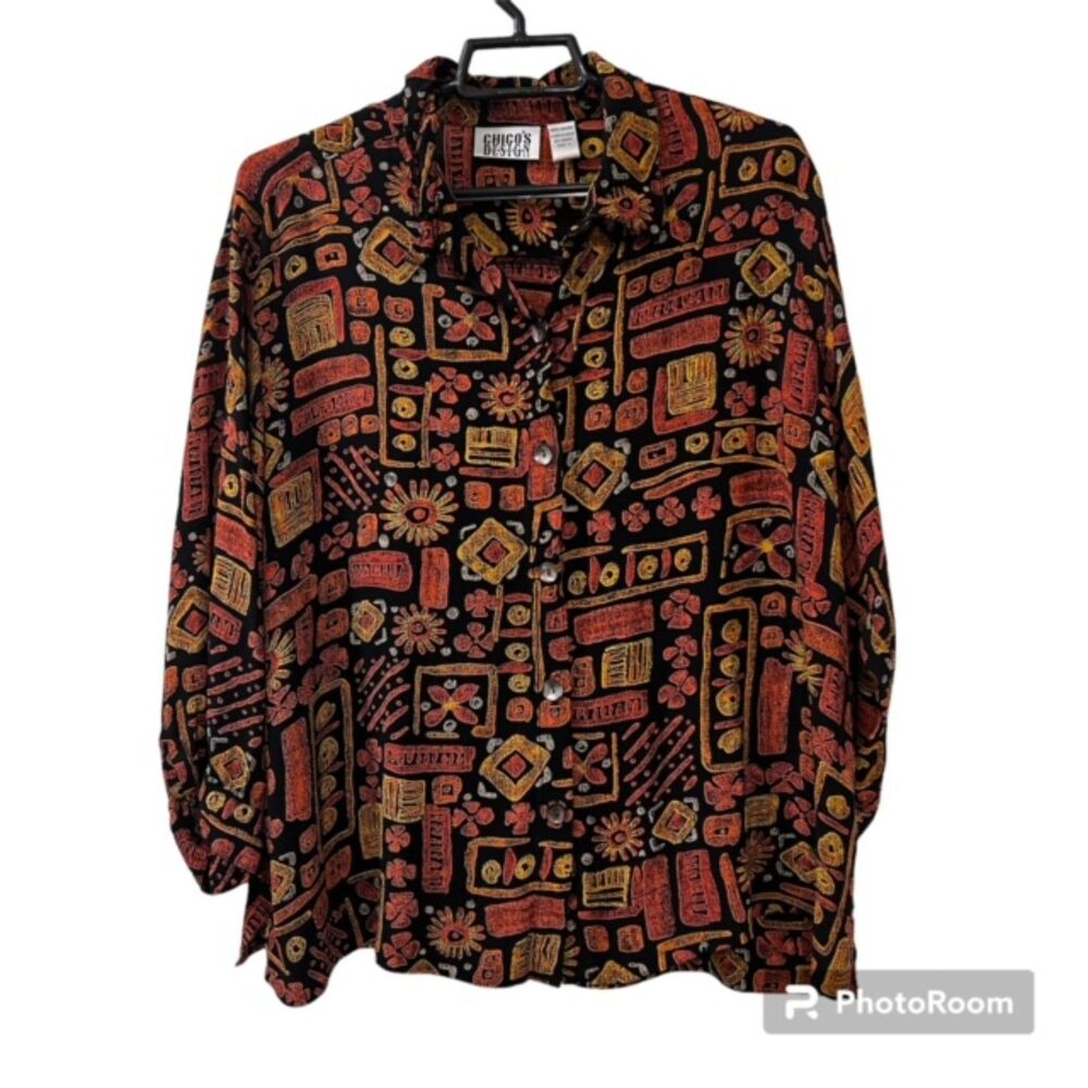 Chicos Design Orange Black 100% Rayon Fiesta Button Front Long Sleeve Top Size 3